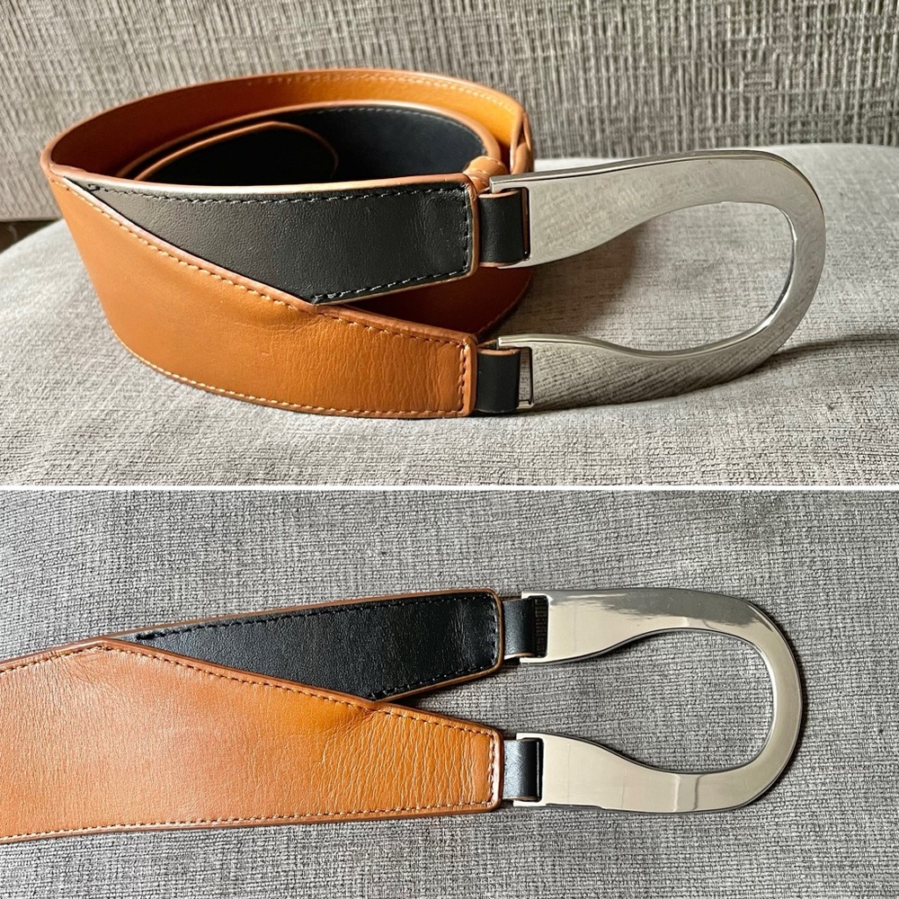 Lafayette 148 New York leather belt, caramel and black, silver buckle, large